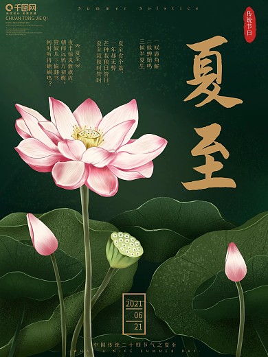 原创手绘复古荷花夏至宣传海报