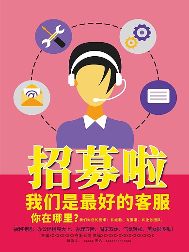 扁平化设计风格客服招聘海报