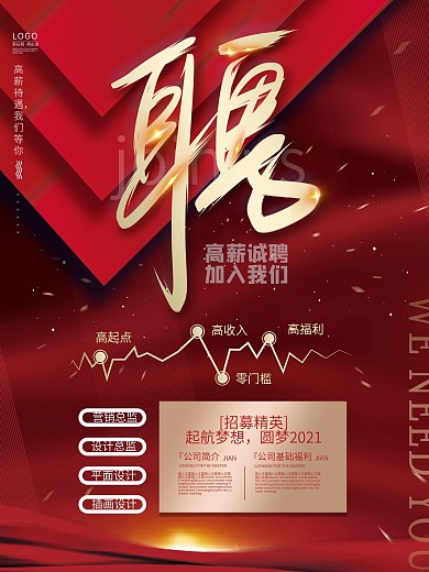 原创红色大气高端简约留白商务招聘精英海报