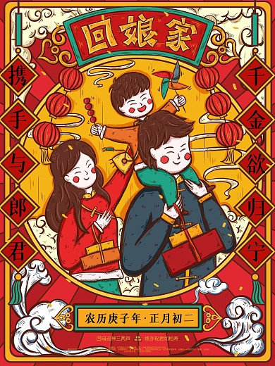 原创国潮初二年俗回娘家海报