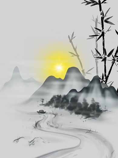 水墨画山水画河流日出竹子