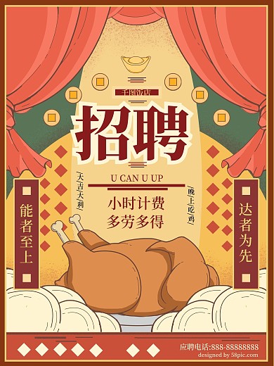 原创餐厅招聘小时工服务员复古小清新海报