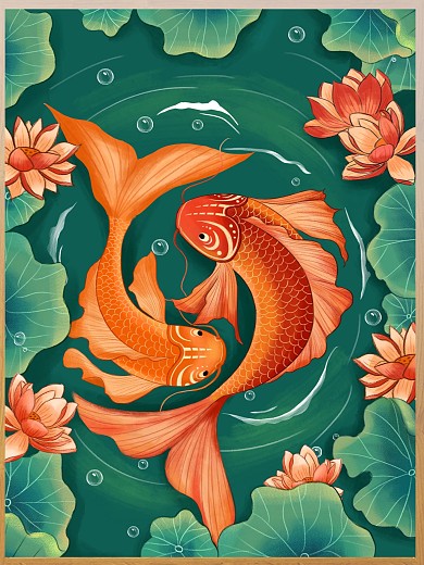 原创海洋星空鲤鱼荷花手绘插画