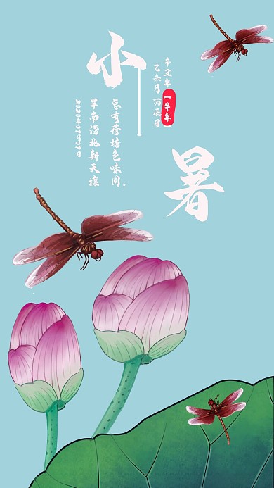 中国风荷花二十四节气之小暑手机宣传海报