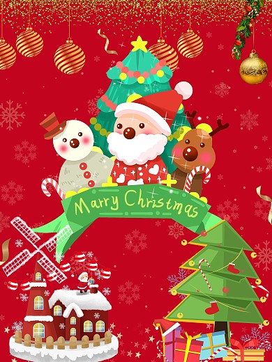 红色圣诞节平安夜雪花铃铛背景圣诞快乐