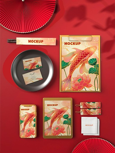 原创3D模型红色中国风餐饮vi包装样机