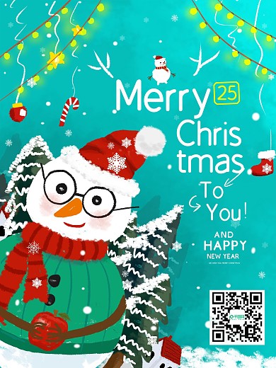 手绘可爱雪人英文圣诞节圣诞快乐祝福海报