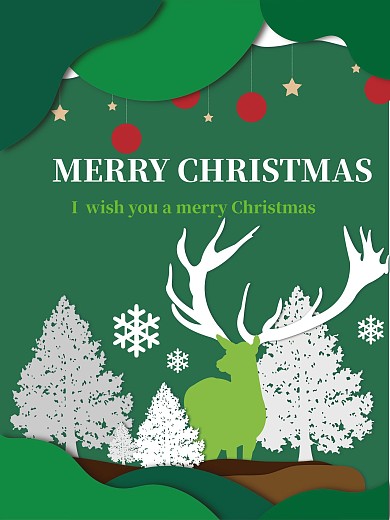 圣诞剪纸风绿色适量海报画板