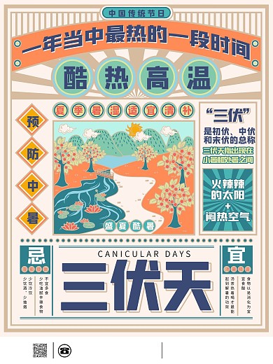 原创手绘小清新简约三伏天宣传海报