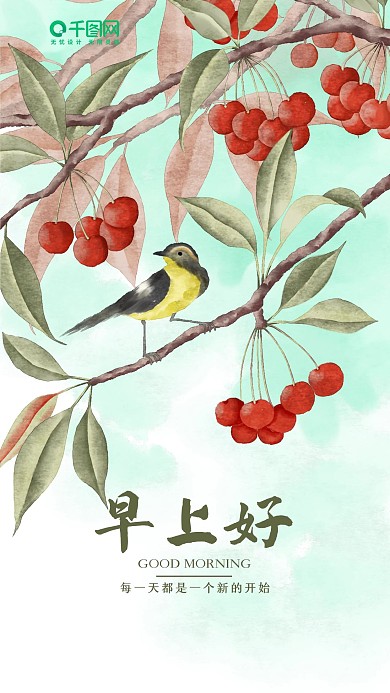 水彩风樱桃早安你好手机海报