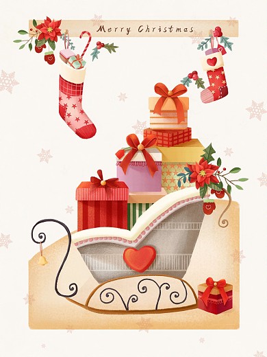 手绘圣诞节礼物购物车促销海报插画