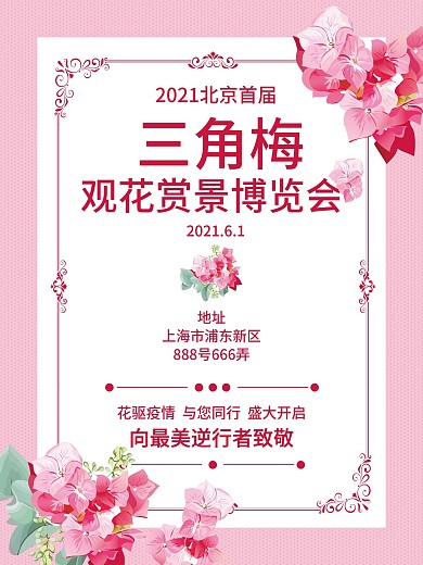 小清新三角梅花展粉色少女展览会海报