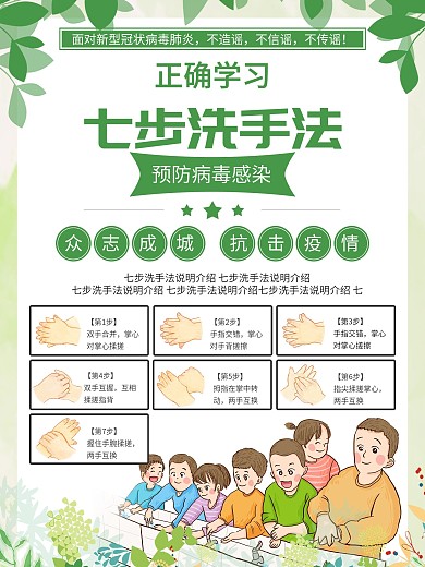 七步洗手法预防病毒感染绿色简约海报
