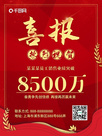 红色喜庆大气金粉活动销售喜报