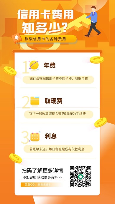 橙色扁平风信用卡费用理财科普手机海报
