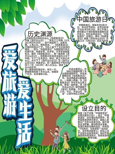 原创小清新爱旅游爱生活旅游日宣传手抄报