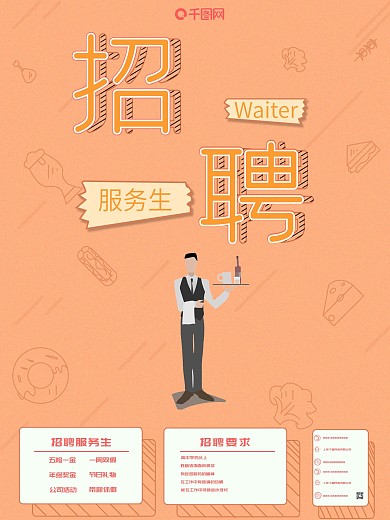 手绘小清新服务员招聘海报