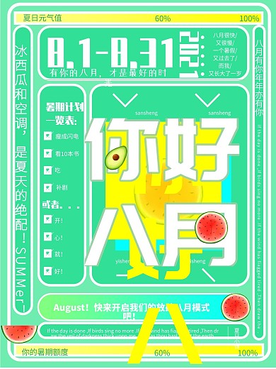 你好八月牛油果绿西瓜海报
