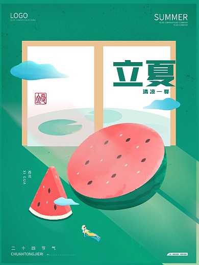 立夏夏天夏至伏天西瓜清凉绿色新媒体海报