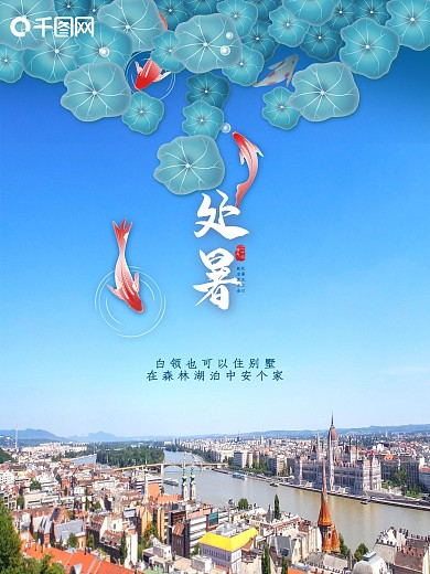 处暑古风创意荷花鲤鱼城市海报psd