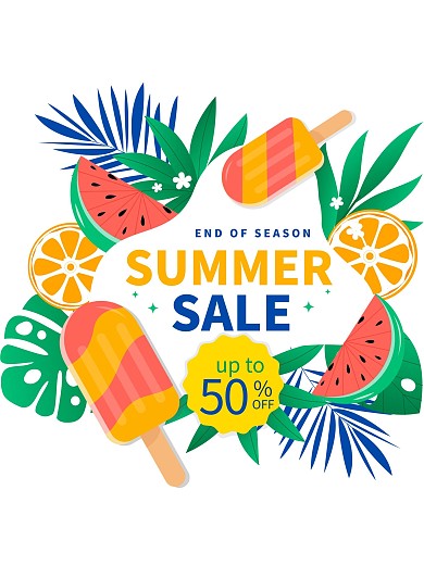 夏季促销元素矢量插画西瓜冰棒橙子水果