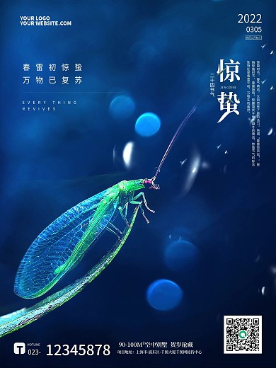 蓝色梦幻光影质感蜻蜓惊蛰节气海报