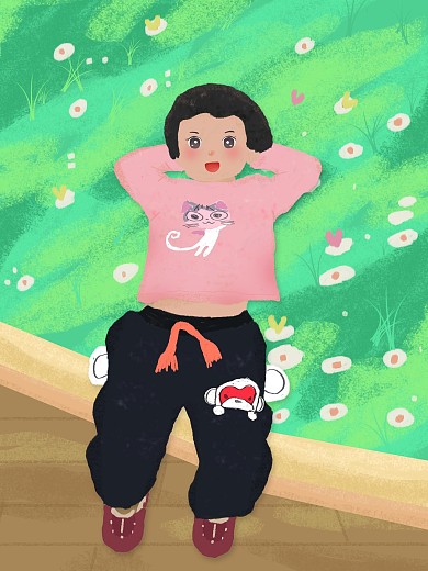 原创躺在草地上的可爱小女孩插画海报