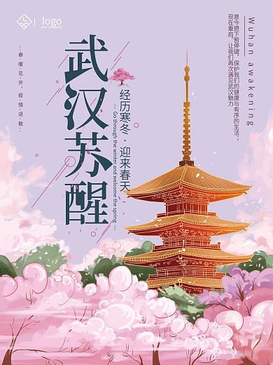 原创手绘清新武汉苏醒海报