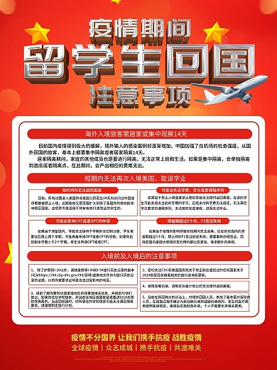 疫情期间留学生回国注意事项海报