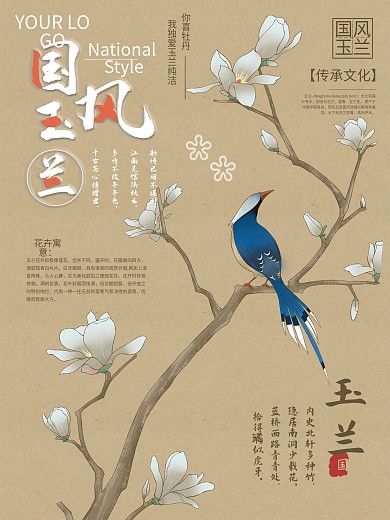 国风玉兰工笔画海报