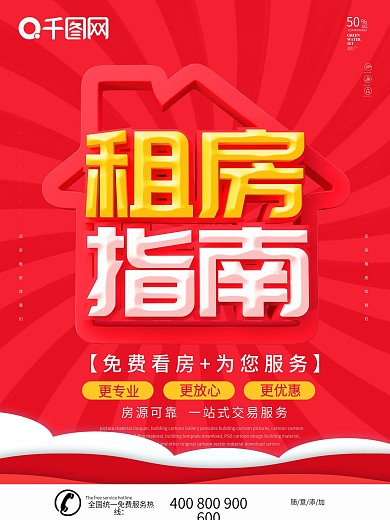 红色简约大气租房指南海报
