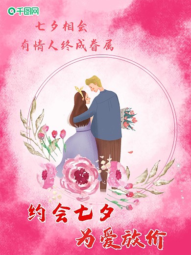 七夕情人节花边水彩海报