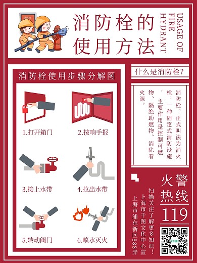 消防栓使用方法宣传海报简约扁平