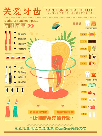 关爱保护儿童牙齿口腔健康手绘插画海报