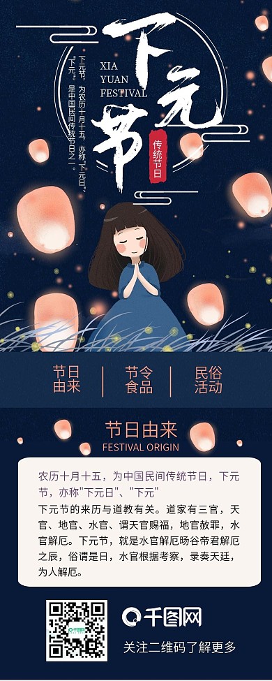 中国传统节日下元节放孔明灯信息长图