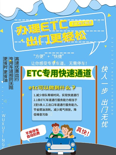 小清新蓝色卡通ETC便捷出行海报