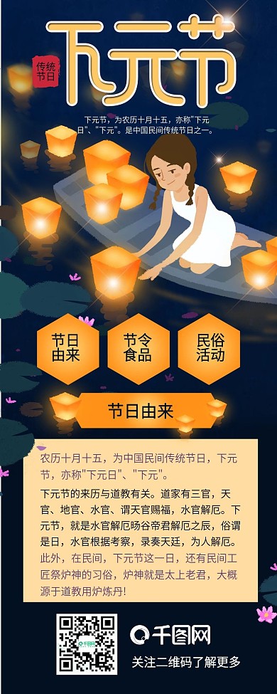 中国传统节日下元节水官诞辰信息长图
