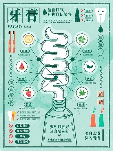 牙膏清新口气健康生活手绘插画海报