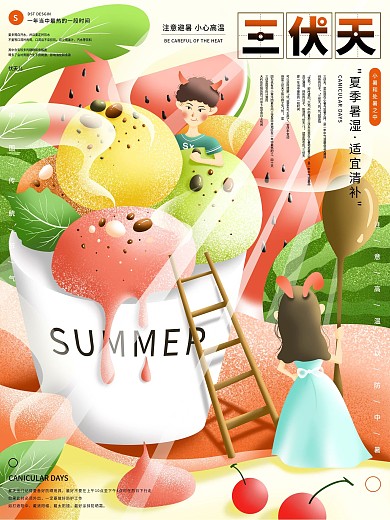 原创手绘夏季三伏天宣传海报