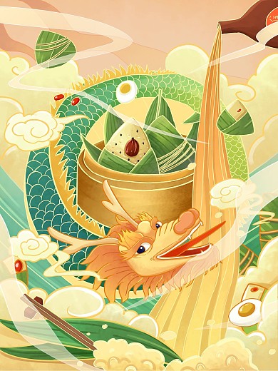 古风国潮端午节粽子龙插画传统节日插画