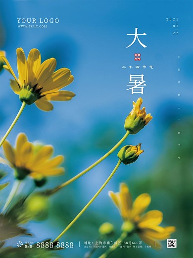 大暑中国传统二十四节气蓝色小清新海报