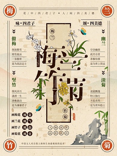 梅兰竹菊四君子中国风复古手绘插画海报