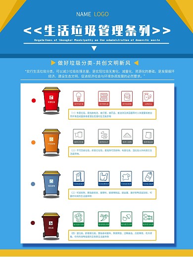 蓝色卡通可爱超市垃圾管理条列海报