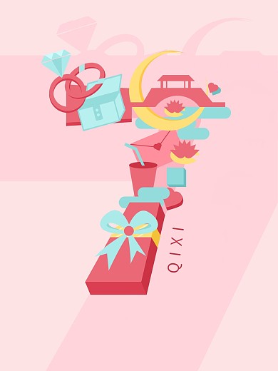 七夕节日手绘插画海报