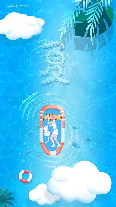 清凉夏天水波艺术字蓝色手机背景海报