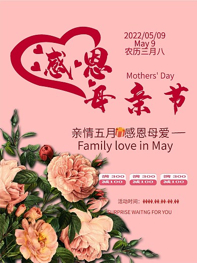 粉色感恩母亲节促销宣传海报