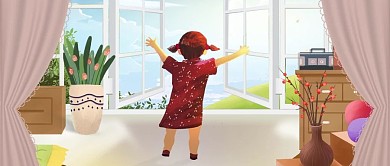 小清新唯美日出风景早安你好小女孩推窗插画