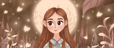 原创手绘插画晚安你好夜晚中女孩与萤火虫