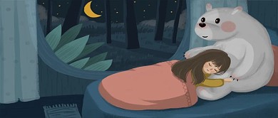 晚安你好治愈系白熊与女孩卡通夜晚插画