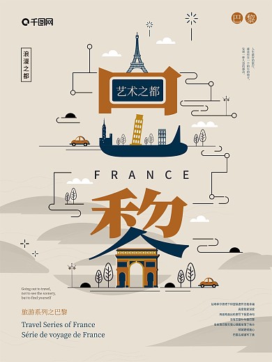 原创字融画风格旅游城市系列海报之巴黎